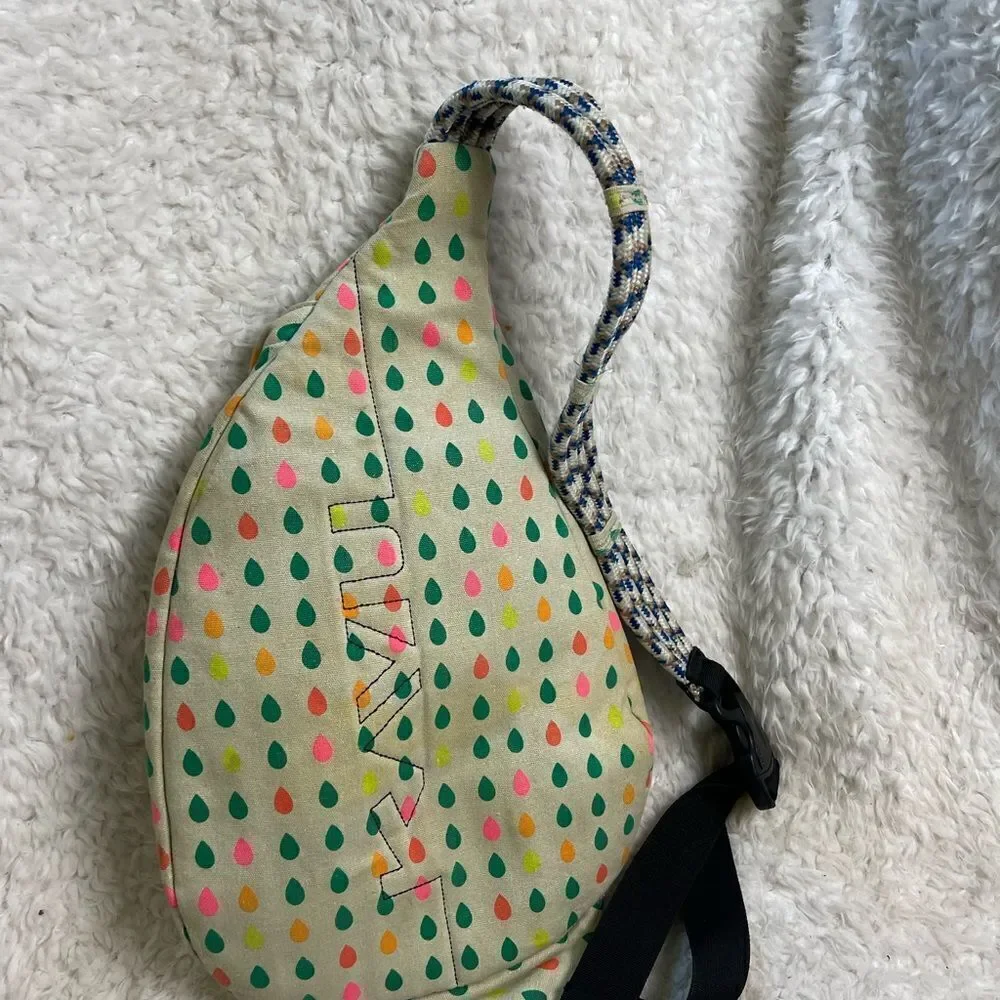 KAVU Rope Sling Backpack Canvas Beige Retro Muted Rainbow Raindrops